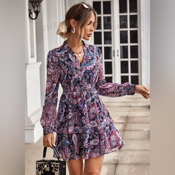 5 for $25! 💕 SHEIN Privé All Over Print Notched Neck Ruffle Hem Dress - Picture 4 of 7